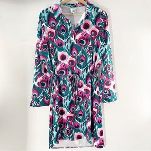 Tracy Negoshian Womens shirtdress M Ikat Peacock stretch knit Knee Length Collar